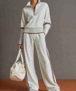 Retro Sporty Webbing Half zip Sweatshirt And Wide leg Pants Set