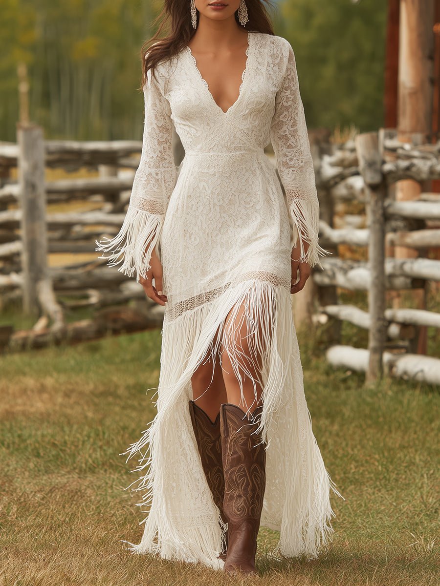 Retro Lace V neck Long Sleeve Tassel Short Front And Long Back Skirt Maxi Dress