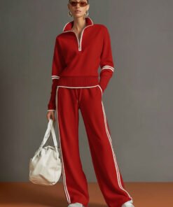Retro Sporty Webbing Half zip Sweatshirt And Wide leg Pants Set