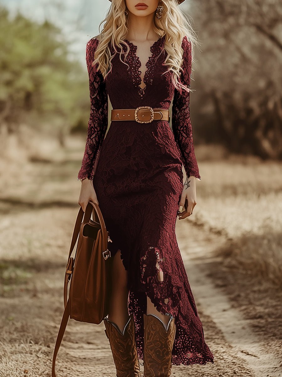 Vintage Bohemian Lace Long Sleeve Midi Dress Burgundy